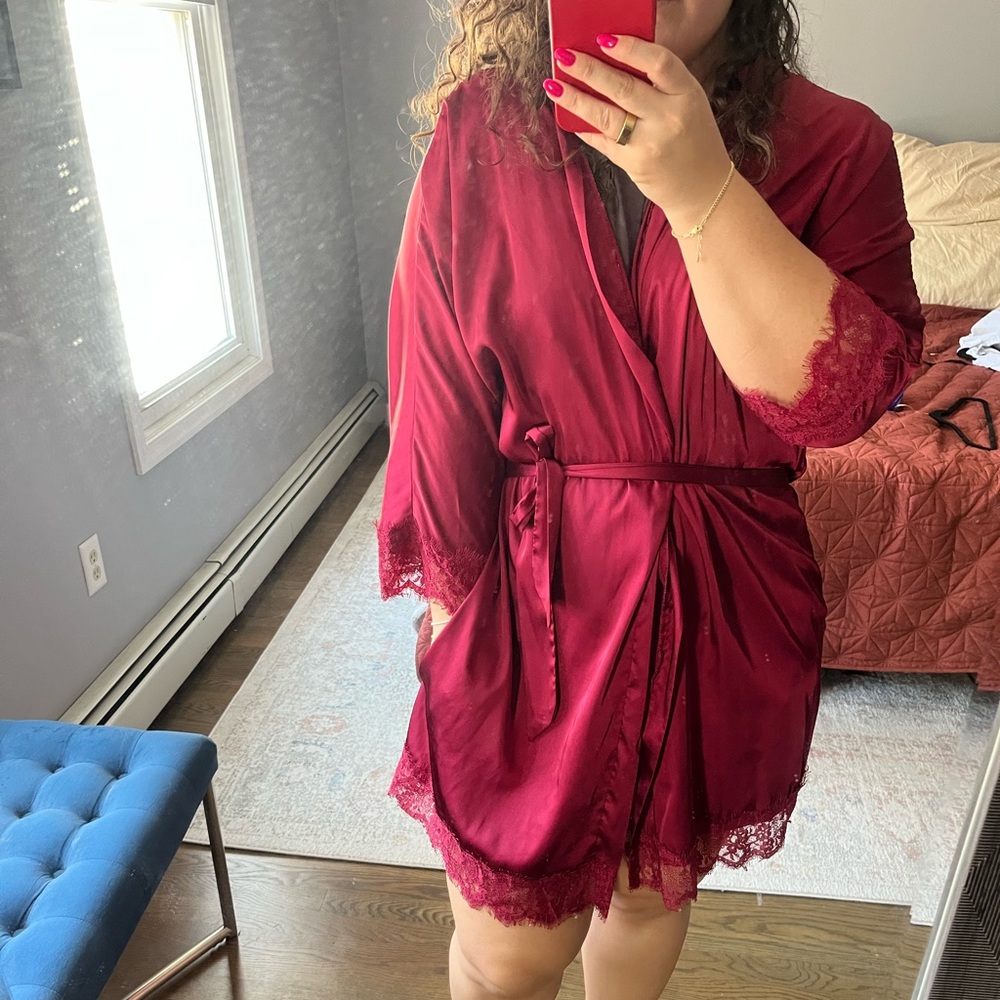 Luxurious Deep Red Lace Trim Robe